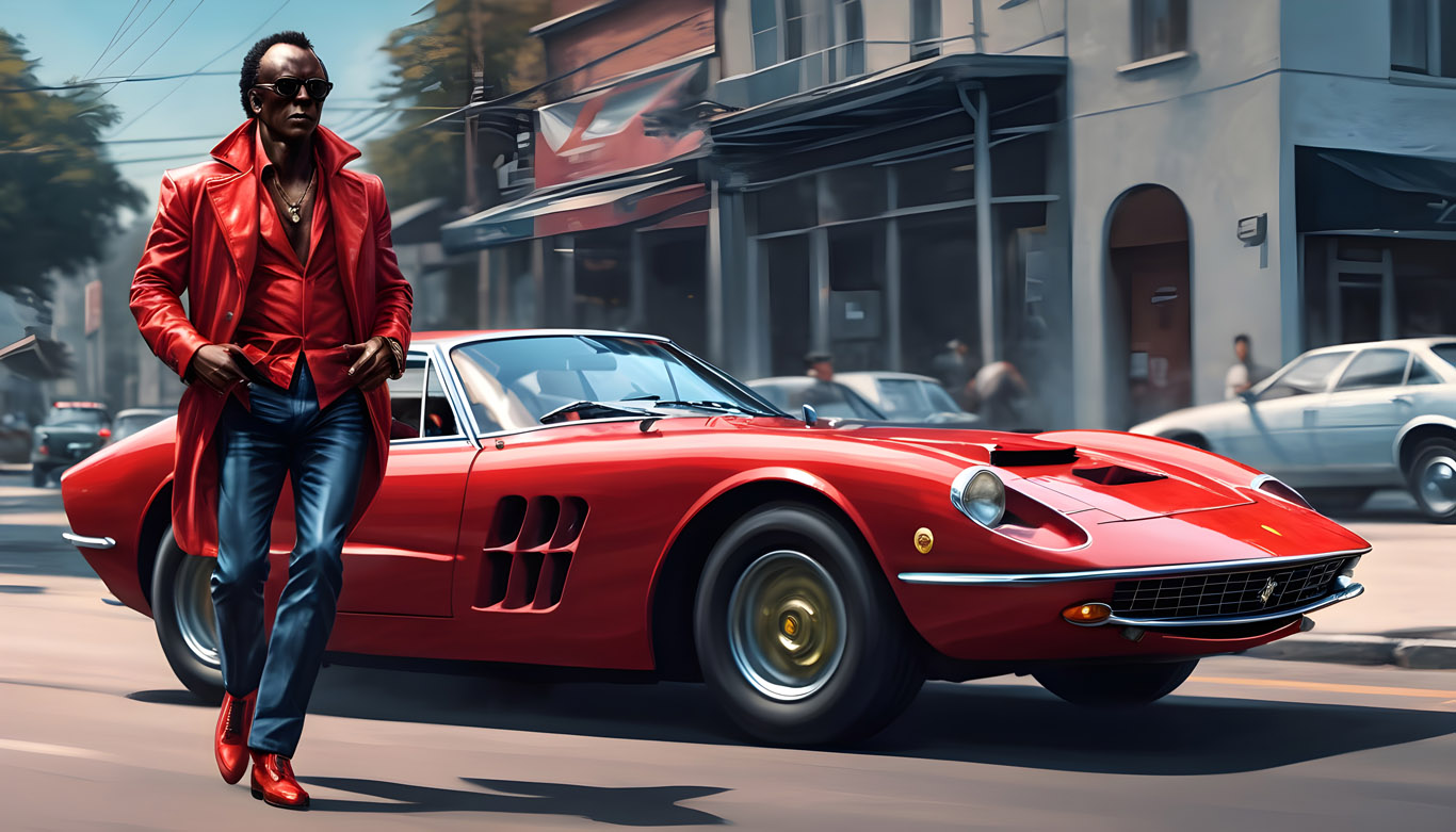 Miles Davis with red ferrari