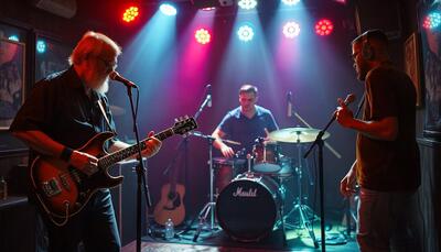 Three piece rock band rehearsing