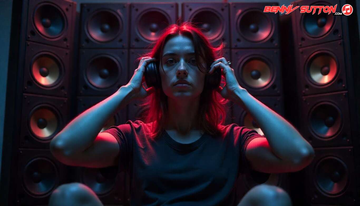 Gen Z woman sitting in front of audio speakers