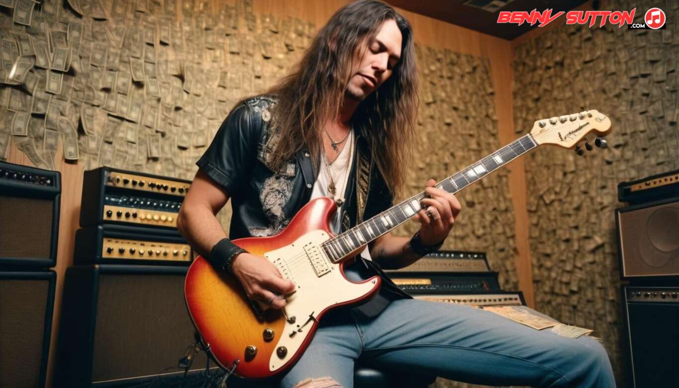 young musician with long hair practicing Heavy Metal guitar