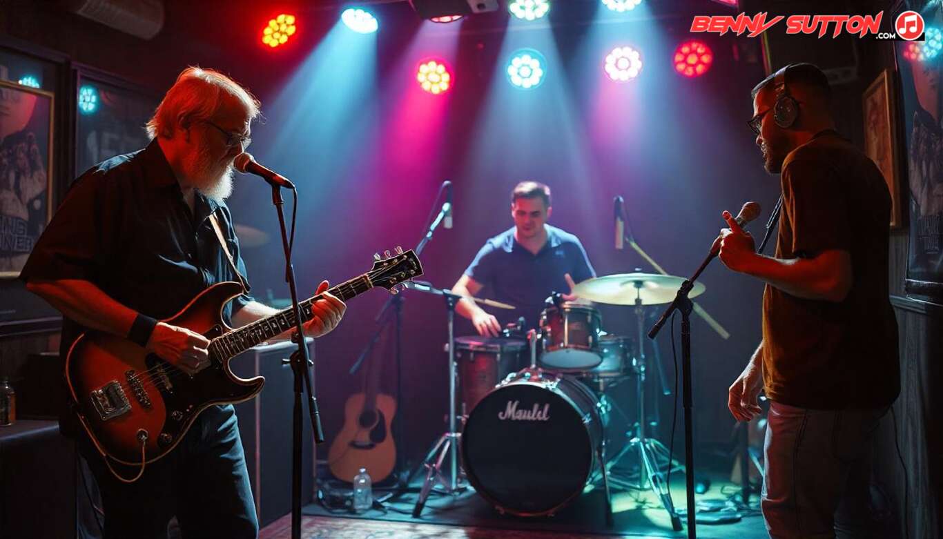 Three piece rock band rehearsing