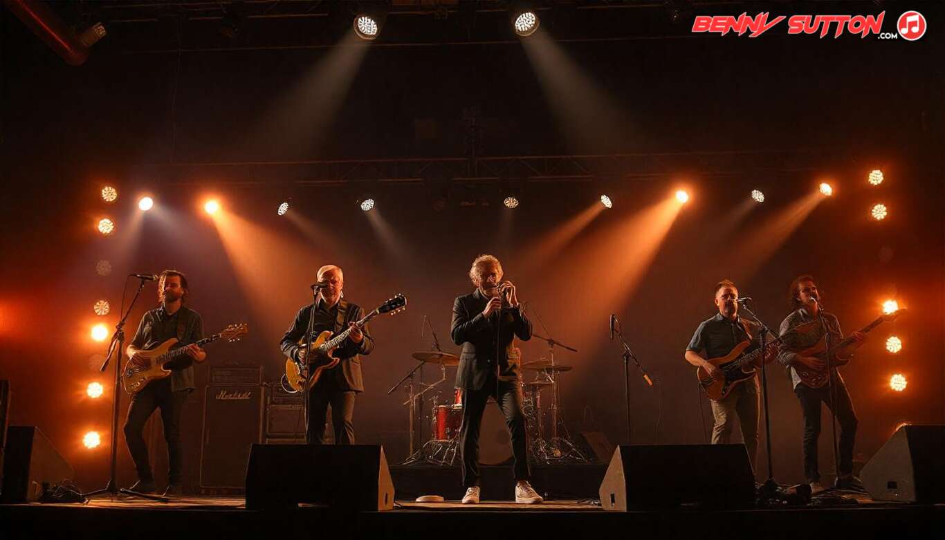 six piece rock band performing onstage