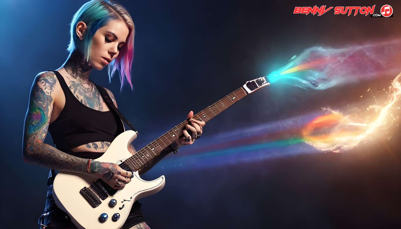 skinny white tattooed rock girl guitarist shooting a spectrum of light from the end of her guitar